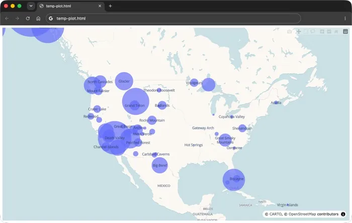 Plotly carto-voyager scatter map of the US showing national park locations with markers sized by park area
