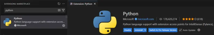 VS Code Extensions Marketplace showing the Microsoft Python extension search result and install button