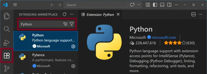 VS Code Extensions Marketplace showing the Microsoft Python extension search result and install button