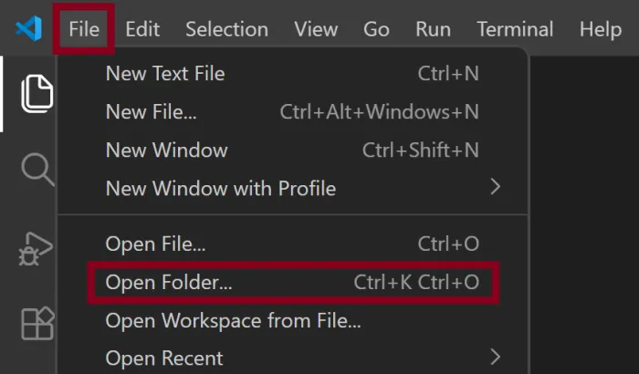 VS Code File menu open with "Open Folder" option highlighted
