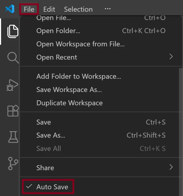 VS Code File menu showing the Auto Save option being enabled