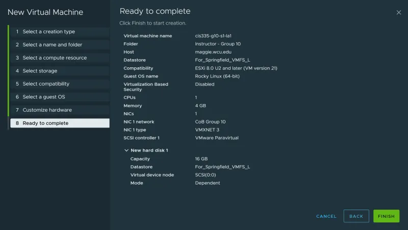 VMware new virtual machine wizard Ready to Complete page showing VM name, guest OS, CPU, memory, and network settings