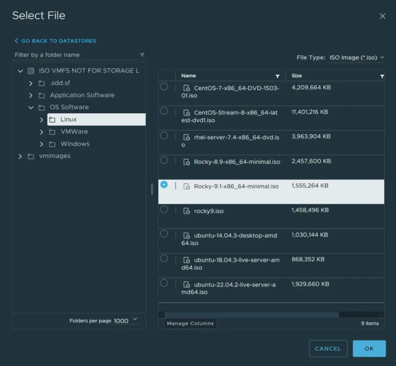 VMware new virtual machine wizard CD/DVD drive configuration showing Datastore ISO File selection for Rocky 9.1