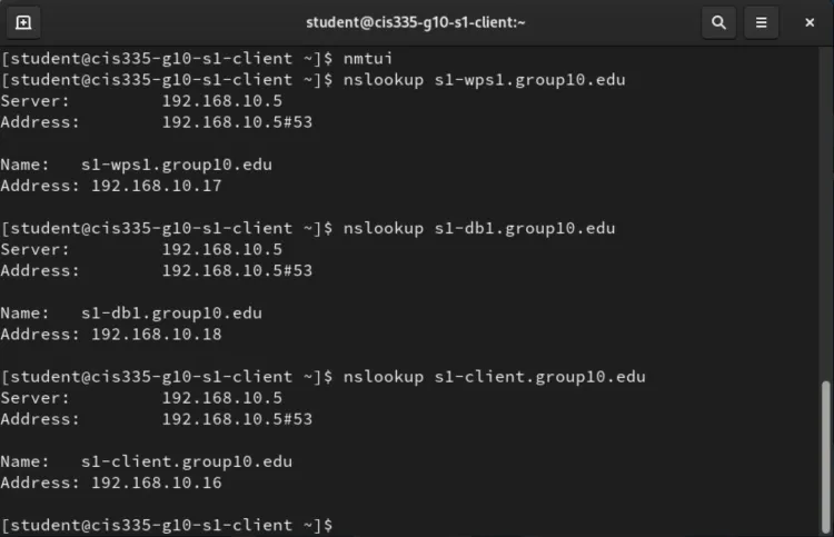 nslookup terminal output resolving three group DNS hostnames for wps1, db1, and client to their IP addresses
