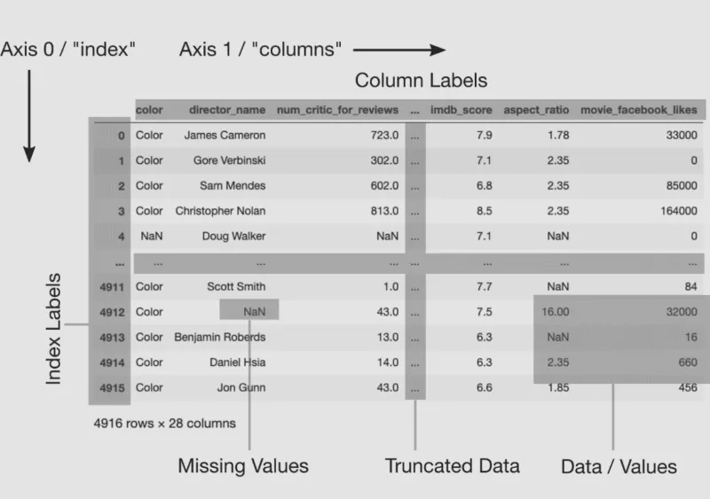 Labeled diagram of a pandas DataFrame showing index on axis 0, columns on axis 1, and data cells with NaN for missing values