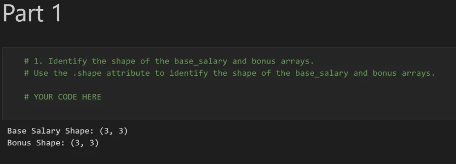 Expected output: NumPy array created from employee salary lists showing shape and dtype