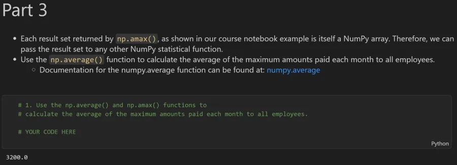 Expected output: NumPy statistical functions including max and amax applied along axes