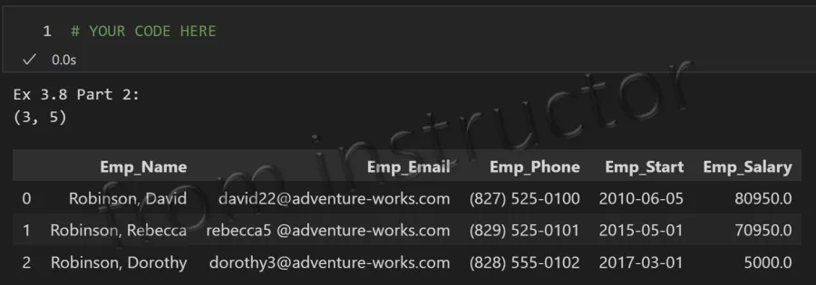 Expected output: df_employees DataFrame before cleaning showing BusinessEntityID, EmployeeName, EmailAddress with extra whitespace